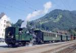 RhB Dienst-Dampfzug fr RHTIA INCOMING 9048 von Kblis nach Landquart vom 02.09.1993 in Schiers mit Dampflok G 3/4 1 - B 2245 - D 4052I - B 2060. Hinweis: Rangierfahrt auf das Stumpengleis mit umsichtigen Lokfhrer.