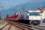 RhB Schnellzug 35 von Landquart nach Davos Platz am 23.08.1997 in Schiers mit E-Lok Ge 4/4 III 649 - D 4226 - A 1242 - B 2371 - B 2381 - B 2427 - B 2372 - B 2444 - B 2355 - AB 1520.