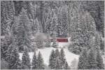 Ein Be 4/4 Vorortspendel ist als RE1034 zwischen Davos Platz und Klosters Platz unterwegs im frisch verschneiten Wald bei Cavadürli.