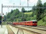 RhB Regionalzug 141 von Davos-Platz nach Filisur vom 28.06.1995 Einfahrt Filisur mit Steuerwagen vorraus BDt 1722 - B 2338 - B 2337 - AB 1515 - E-Lok Ge 4/4I 605 - Fad 8731 - Fad 8732 - Fad 8726 - Fad