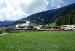 RhB Schnellzug GLACIER-EXPRESS C 904 von Zermatt nach Davos-Platz vom 05.09.1997 Ausfahrt Disentis mit Ge 4/4III 642 - D 4226 - A 1242 - B 2371 - B 2381 - B 2427 - WR 3812 - FO AS 4014 - FO AS 4012 -