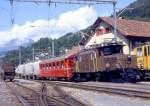 RhB Gterzug 5738 von Disentis nach Landquart vom 11.08.1992 Einfahrt Ilanz mit E-Lok-Oldtimer Ge 6/6I 415 - A 1254 - Uce 8073 - Uce 8016 - Uce 8053 - Uce 8097 - Gb 5801 - Gb 5808.