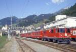 RhB REGIONALZUG 734 von Disentis nach Chur am 06.06.1993 in Disentis mit E-Lok Ge 4/4II 622 - D 4204 - B 2368 - B 2346 - A 1227 - B 2362 - BVZ AS 2014. Hinweis: Bahnhofsanlage noch vor Umbau!
