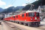 RhB REGIONALZUG 750 von Disentis nach Chur am 12.08.1991 in Disentis mit E-Lok Ge 4/4II 628 - Ge 4/4II 611 - D - 3xB - A - Hinweis: Lokrckleitung wegen Glacierexpress 10903 Doppelfhrung, gescanntes