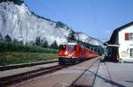 RhB Regionalzug 761 von Chur nach Disentis am 05.08.1992 in Versam mit E-Lok Ge 4/4 II 632 - AB 1530  - AB 1519 - B 2361 - B 2370 - D 4208.