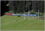 Der Regionalzug aus Arosa mit den blauen Wagen des ehemaligen  ArosaExpress  nhert sich der Station Litzirti. (13.07.2007)