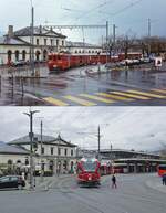 Noch einmal ein Vergleichsbild des Bahnhofs Chur vom März 1996 und dem 31.03.2022: Oben verlässt der ABe 4/4 487 mit einem Zug nach Arosa die Endhaltstelle am Bahnhof, darunter kommt der ABe