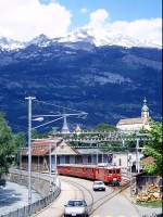 RhB Regionalzug 640 von Arosa nach Chur am 19.05.1995 in Chur Sand mit ABt 1705 - B 2317 - DZ 4231 - ABDe 4/4 481II.