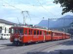 RhB Regionalzug 641 von Chur nach Arosa am 11.06.1993 in Chur mit Triebwagen ABDe 4/4 481II - B 2318 - DZ 4004 - B 2273 - Gbkv 5504. Hinweis: noch Gleichstrombetrieb!