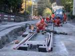 Der Ausbau auf Doppelspur inklusive Spurwechsel in der Engadinstrasse beim Bahnhof Chur sind in vollem Gang.Links ist das jetzige Betriebsgleis zu sehen. (26.10.2006)