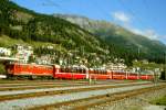 RhB Bernina-Express 961 von Davos Platz nach Tirano am 31.08.2007 Einfahrt Samedan mit E-Lok Ge 4/4 I 604 - Ap 1292 - Api 1303 - Bps 2512 - Bp 2503 - Bp 2507 - Bp 2504.