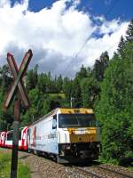 Die Ge 4/4 III 645 mit ihrem Glacierexpress nach St.Moritz passiert soeben einen Bahnbergang oberhalb Filisur.