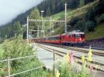 RhB Schnellzug BERNINA-EXPRESS A 501 von Chur nach Tirano am 02.09.1996 Einfahrt Bergn mit E-Lok Ge 4/4II 623 - B 2493 - B 2496 - BD 2475 - A 1273 - A 1275 - B 2495 - B 2491.