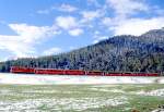 RhB Schnellzug HEIDILAND/BERNINA-EXPRESS G 503 von Landquart ber Davos-Platz und Albula nach Tirano mit Kurswagenteil von Samedan nach St.Moritz am 06.10.1999 kurz vor Bever mit E-Lok Ge 4/4II 628 - AB - D - 2A - 2B - AB. Ab Saison 2000 werden in der Kompo mindestens je ein Bernina-Panoramawagen A + B mitgefhrt.  