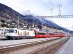 RhB Schnellzug WINTER-BERNINA-EXPRESS 525 von Chur nach St.Moritz am 15.03.2000 Einfahrt Samedan mit E-Lok Ge 4/4III 649 - A 1245 - B 2497 - BD 2475 - D 4216 -B  2378 - B 2376 - B 2391 - A 1223 - A