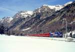 RhB SCHNELLZUG 531 von Chur nach St.Moritz am 02.03.1998 im Val Bever E-Lok Ge 4/4III 644 - D 4220 - B 2428 - B 2430 - B 2495 - A 1240 - A 1230 - B 2273 - As 1161 - WR 3812 - B 2349 - Skl 8407.