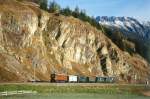 RhB Dienstzug 9732 von Samedan nach St.Moritz am 10.10.1999 zwischen Samedan und Celerina mit E-Lok Ge 4/6 353 - Xk 9398 - D 4052II - C 2012 - B 2060 - B 2245.