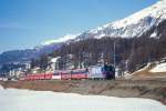 RhB Glacier-Express 534 von St.Moritz nach Zermatt am 12.03.2000 zwischen Celerina und Samedan mit E-Lok Ge 4/4III 645 - WR 3816/17 - FO PS 401x - 2xA - 3xB - D - BVZ AS - FO B - Skl 8410.