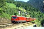 RhB Schnellzug 550 von St.Moritz nach Chur am 27.06.1995 Einfahrt Filisur mit E-Lok Ge 4/4 III 649 - A 1283 - A 1235 - B 2436 - B 2348 - B 2378 - D 4223..