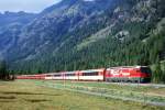 RhB Glacier-Express 555 von (Zermatt)- Chur nach St.Moritz am 28.08.1998 im Val Bever zwischen Spinas und Bever mit E-Lok Ge 4/4 III 641 - FO AS 4023 - FO AS 4030 - BVZ AS 2011 - FO AS 4025 - D 4222 -