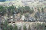 RhB Dampf-GmP fr Dampffreunde der Rhtischen Bahn 3531 von Landquart nach Filisur am 23.04.1999 kurz nach Zalaint-Tunnel zwischen Alvaneu und Filisur mit Dampflok G 2/4 1 - B 2060 - D 4052II - E