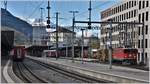 Ge 6/6 II 701  Raetia  in Chur. Im Hintergrund die Signinagruppe mit dem Piz Fes 2880m. (24.10.2017)