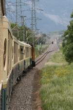 Bahnhofsfest Chur 2008: Begegnung des ACPE-Extrazug mit Ge 6/6 I 414 aus Chur und des Dampf-Extrazuges mit G 4/5 107  Albula  aus Untervaz/Trimmis auf dem Doppelspurabschnitt zwischen Haldenstein und