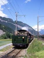 RhB Dampfzug fr RHTIAFEST 3853 von Landquart nach Chur vom 08.06.1997 in Haldenstein mit Tender vorraus Dampflok G 4/5 107 - B 2246 - D 4052I - B 2245 