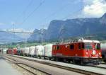 RhB Gterzug 5561 von Landquart nach St.Moritz vom 27.08.1997 in Untervaz mit E-Lok Ge 4/4II 631 - Uce 8049 - Uce 8005 - Uce 8012 - Ucek 8059 - Kkw 7382 - Rw 8257 - B 2370 - B 2322 - Gbkv 5538 - Gbkv