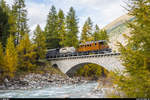 FairFotoFahrt am 10. Oktober 2020 mit dem Bernina-Krokodil Ge 4/4 182.<br>
Auf der Rosegbrücke bei Pontresina.