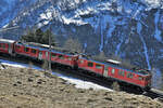 Doppeltraktion ABe 4/4 ll 51 und ABe 4/4 ll 56 in Alp Grüm am 13. Februar 2022.
Foto: Walter Ruetsch