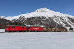 Ge 4/4 II 617 und 623 der RhB am Morgen des 26.2.26 zwischen Samedan und Pontresina. So einen Holzzug wollte ich schon immer mal fotografieren, und dann kam er auch. Super !