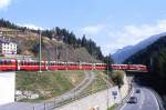 RhB - Bernina-Express 973 von St.Moritz nach Tirano am 22.08.2008 Ausfahrt St.Moritz mit Triebwagen ABe 4/4 II 49 - ABe 4/4 III 56 - Api 1301 - Api 1304 - Bps 2515 - Bp 2524 - Bp 2521 - Bps 2514  
