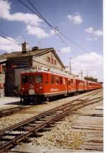 ABe 4/4 48 der Berninabahn (Meterspur Adhsionsbahn)  im Bahnhof Bernina Hospiz 2253m, im Juli 2005.