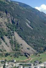 RhB Schnellzug BERNINA-EXPRESS D 500 von Tirano nach Chur am 29.08.1993 auf Kreisviadukt Brusio mit den Triebwagen ABe 4/4II 44 - ABe 4/4II 45 - B 2493 - B 2492 - A 1273 - A 1274 - BD 2475 - B 2497 -