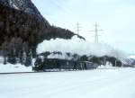 RhB Foto-Dampfzug fr GRAUBNDEN TOURS 3417 von Pontresina nach Ospizio Bernina am 21.02.1998 zwischen Surova und Morteratsch mit Dampflok G 3/4 1 - B 2060 - D 4052I - A 1102 - Xk 9398.
