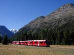 Die schneebedeckten Berge der Bernina-Gruppe und der talwrtsfahrende R 1632 von Tirano nach St. Moritz am 19.08.2012 zwischen den Stationen Morteratsch und Surovas.