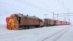 Lokconvoy der Sonderfahrt in Ospizio Bernina mit Dampfschneeschleuder Xrotd 6/6 9213, Bernina-Krokodil Ge 4/4 182, Zweikraftlok Gem 4/4 802  Murmeltier  und den Triebwagen ABe 4/4 46 + 47 mit dem