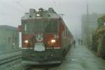Berninatriebwagen ABe 4/4 56  Cavaglia  im September 2005 bei Nebel in Ospizio Bernina (2256 m). 