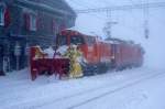 RhB: Schneeräumungszug mit Gem 4/4 802 und Xrot et 9219 in Ospizio Bernina am 27. Februar 2010. Die Xrot et 9218 ist bereits Geschichte. Sie wurde im Dezember 2013 in Chur verschrottet.
Foto: Walter Ruetsch