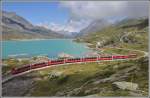 Bernina Express 975 mit den beiden ABe 4/4 III 56  Corviglia  und 55  Diavolezza  am Ufer des Lago Bianco auf dem Berninapass. (27.07.2015)