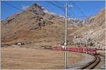 R1633 mit ABe 8/12 3509 und leeren Zisternenwagen vor dem Piz Albris bei Bernina Lagalb. (17.12.2015)