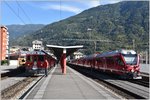 Tirano, Ausgangspunkt der Berninastrecke, mit BEX960 ABe 8/16 3503 und R1660 mit ABe 4/4 III 56  Corviglia .
