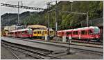 ABe 8/12 3507, Xe 23201 und ABe 8/12 3508 in Poschiavo an diesem Morgen nur im Schienenersatzverkehr mit dem Postauto über den Berninapass erreichbar. (27.04.2017)