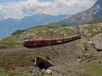 ABe 3502  Friedrich Hennings  hat mit seinem R1644 (Tirano - St.Moritz) die Baumgrenze überfahren und tritt ein in die karge Landschaft am Bernina Pass.