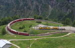 ABe 8/12 3514  Steivan Brunies  legt sich mit seinem R1633 (St.Moritz - Tirano) hinter der Station Alp Grüm in die Kurve.

Alp Grüm, 13. Juni 2017