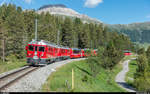 RhB ABe 4/4 III 51 und 53 mit Bernina-Express St. Moritz - Tirano am 10. Juni 2018 bei Punt Muragl Staz.