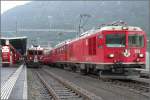 Gem 4/4 801 und Tw 43, sowie ABe 4/4 53 warten im Bahnhof Tirano auf die Rückfahrt über die Bernina.
