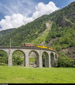 GV Club 1889 in Le Prese am 15. Juni 2019. Zu diesem Anlass wurden ab Pontresina zwei historische Extrazüge geführt. Der zweite Zug bestand aus dem Bernina-Krokodil Ge 4/4 182 und fuhr direkt nach Le Prese und danach leer weiter nach Campocologno zum Umfahren.<br>
Hier überquert er gerade den Kreisviadukt Brusio.