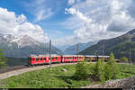 GV Club 1889 in Le Prese am 15. Juni 2019. Zu diesem Anlass wurden ab Pontresina zwei historische Extrazüge geführt. Der erste Zug bestand aus dem ABe 4/4 II 46 mit einem GmP und wurde als Fotozug mit Fotohalten auf der Strecke geführt.<br>
In der Panoramakurve auf der Alp Grüm.